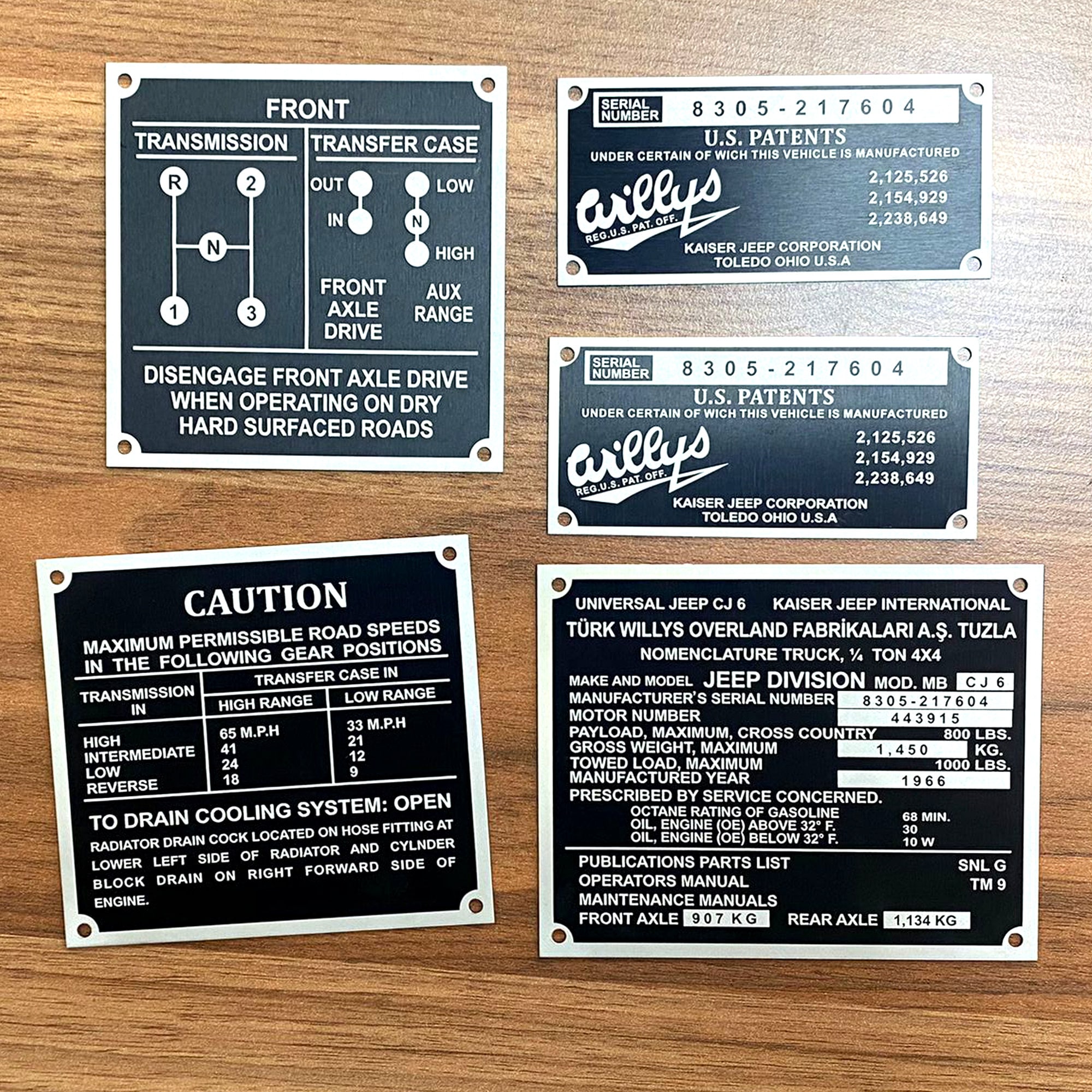 Jeep kaiser willys 4 pièces ensemble de plaques métalliques, plaque de données numéro Vin pour