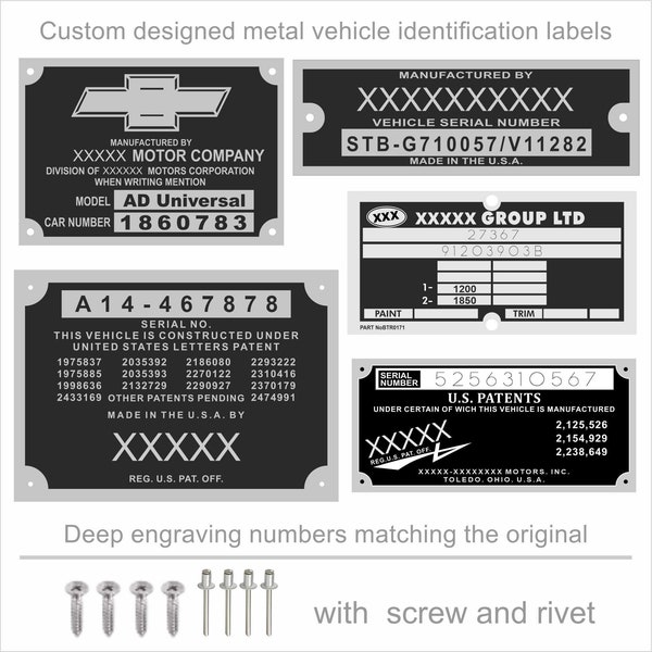 Etiquetas de identificación de metal, etiqueta de número de chasis, etiqueta de número de remolque, etiqueta de número de motor y placa de identificación del vehículo, etiqueta vin, placa vin