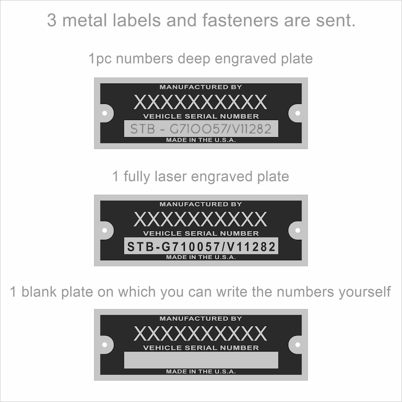 Metal identification tags, chassis number tag, trailer number tag, engine number tag and vehicle identification plate, vin tag, vin plate image 2