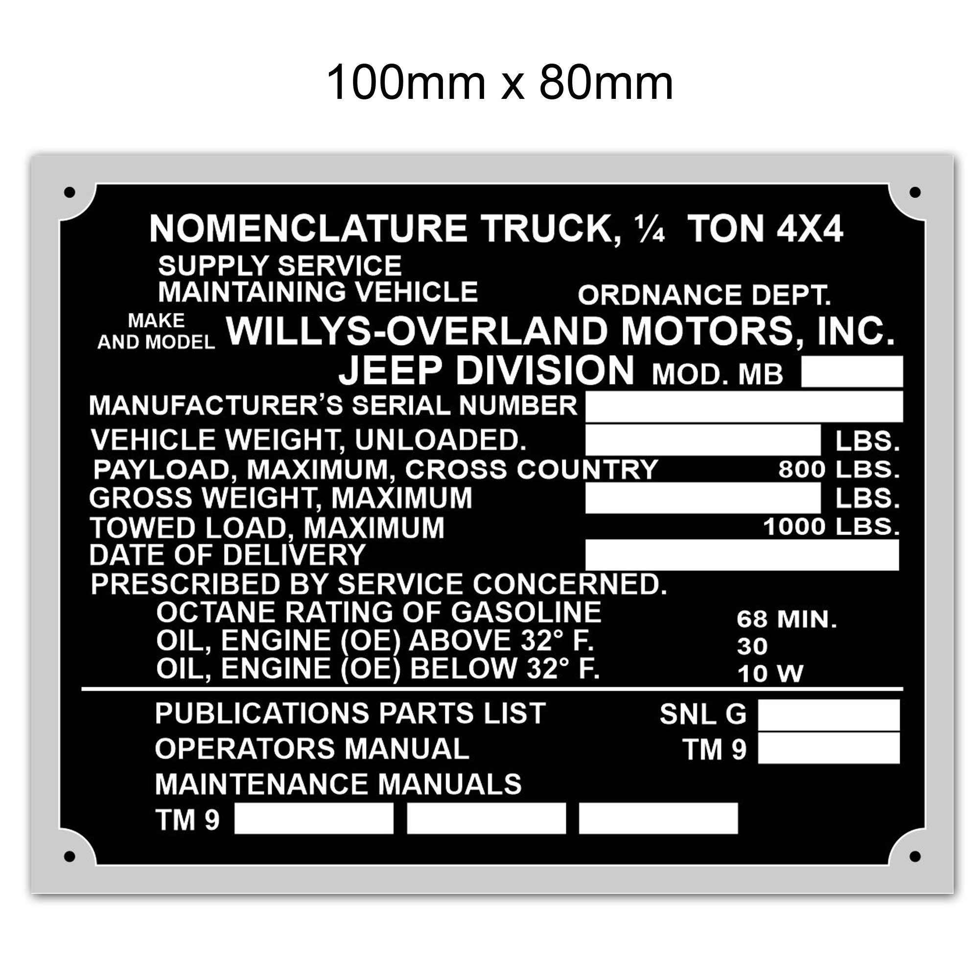 Jeep kaiser willys 4 pièces ensemble de plaques métalliques, plaque de données numéro Vin pour
