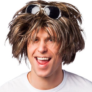 Wig Men's Wuschelkopf, Men's Wig Schlager Party Hairstyle Brown Mottled, 80s & 90s Theme Party Costume Outfit Man