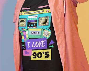 May include: A man wearing a black t-shirt with a retro boombox graphic and the text "I love the 90's". He is wearing a pink button-down shirt over the t-shirt and has sunglasses on.