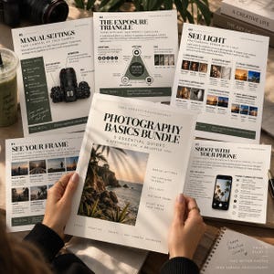 May include: A set of five photography educational guides titled Photography Basics Bundle, featuring instructional text, diagrams, and photos. The guides cover manual camera settings, the exposure triangle, lighting, composition, and phone photography.