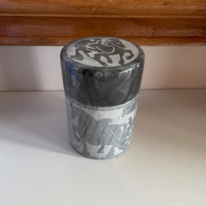 Vintage Grey Marble Cylinder Jar with Roman Horse & Chariot motif