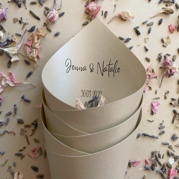 50 Guests Personalized Wedding Confetti Cones and Biodegradable Confetti | Luxe Paper Design | Subtle Shimmer | Handcrafted | Style #34