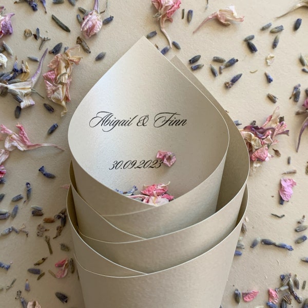 50 Guests Personalized Wedding Confetti Cones and Biodegradable Confetti | Luxe Paper Design | Subtle Shimmer | Handcrafted | Style #36
