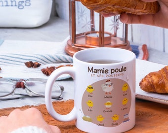 Mug fête des grand-mères / mamie poule et ses poussins / mamie et petit fils / filles / enfants