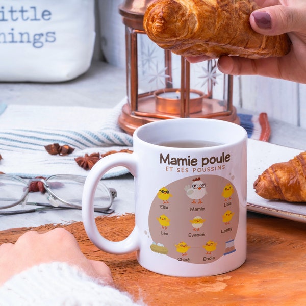 Mug fête des grand-mères / mamie poule et ses poussins / mamie et petit fils / filles / enfants