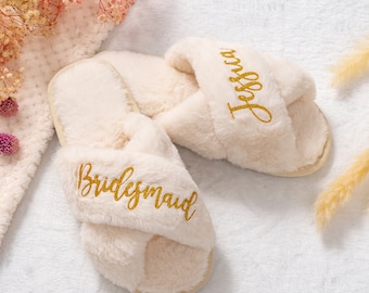 Bridal Slipper Gifts, Bridal Fluffy Cross Slippers Set, Bridesmaid Gifts, Wedding Slippers, Bachelorette Party Gift, Mrs Fluffy Slippers