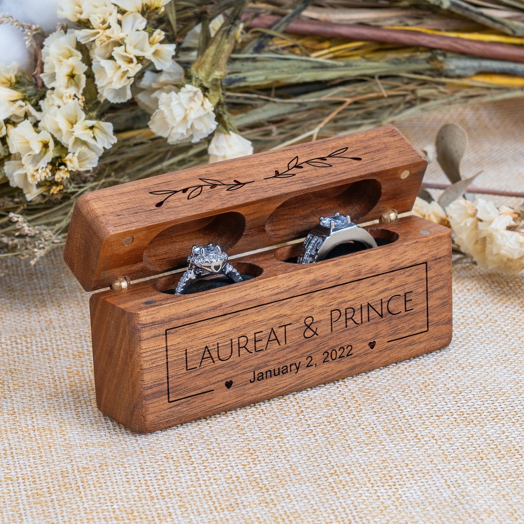 Personalized Wedding Ring Box, Wide Wood Double Ring Box, Ring Bearer Box, Slim Unique Ring