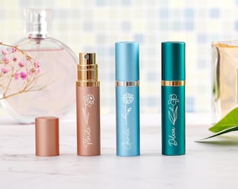 Custom Birth Flower Perfume Atomizer, Engraved Perfume Bottle with Name, Mini Atomizer, Bridal Party Favors, Birthday Gift, Gift for Girls