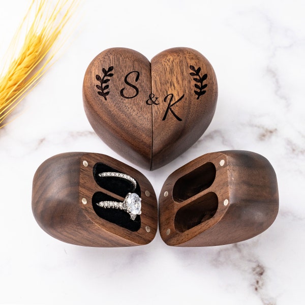 Scatola dell'anello in legno personalizzata, scatola dell'anello di fidanzamento di nozze, portatore dell'anello a cuore shpaed, porta scatola dell'anello, coppie regalo personalizzate personalizzate