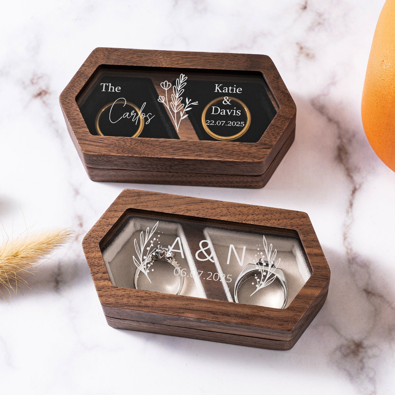 Personalized Wedding Ring Box, Wooden Double Slot Ring Bearer, Custom Ring Holder, Ring Bearer Box, Engagement Wedding Ceremony Ring Case - Design 10, Black