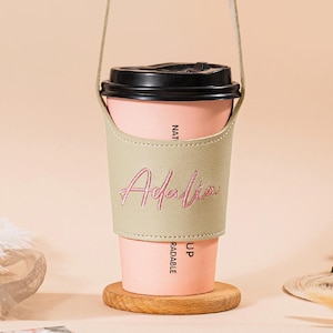Funda de café bordada, bolsa de cuero personalizada para taza de café y té, bolsa de felpa para botella, funda de cuero para taza, portabotellas para mujer