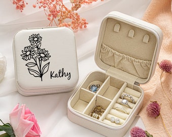 Personalized Gift For Her Birth Month Flower Custom Jewelry Box Maid Of Honor Gift Travel Jewelry Case Bridal Party Gift Mom Gift