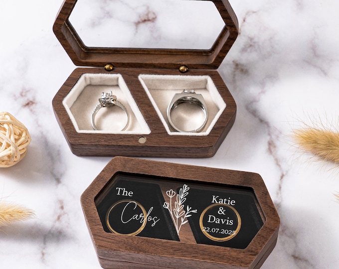 Personalized Wedding Ring Box, Wooden Double Slot Ring Bearer, Custom Ring Holder, Ring Bearer Box, Engagement Wedding Ceremony Ring Case