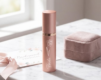 Flacone di profumo con fiore di nascita e nome incisi, mini vaporizzatore personalizzato, atomizzatore di profumo da viaggio personalizzato, regalo di compleanno unico, regalo per lei
