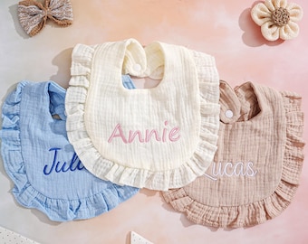 Personalized Embroidered Ruffle Baby Bib, Name Baby Burp Cloth, Soft Cotton Bibs, Newborn Gifts, Baby Shower Gift, Birthday Gift
