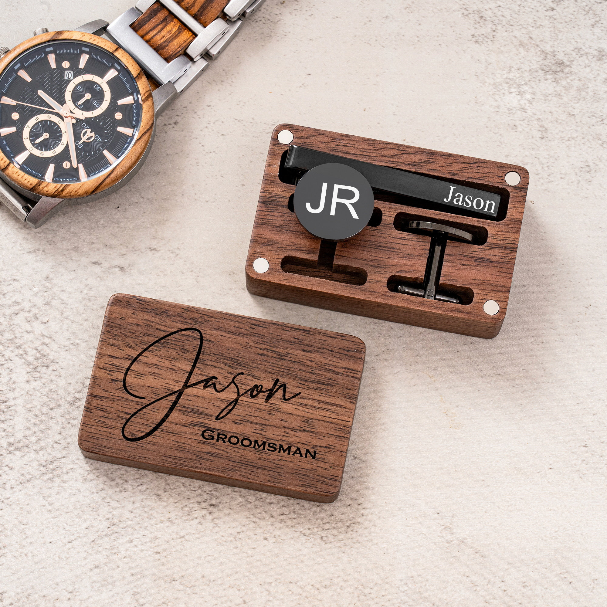Set Regalo Gemelli E Fermacravatta Personalizzati In Metallo – Con Scatola In Legno Incisa, Per Papà, Testimone Di Nozze, Uomo