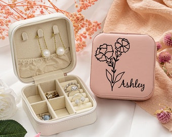 Birth Month Flower Jewelry Box, Personalized Jewelry Box, Travel Jewelry Organizer Case,Bridal Party Gifts,Bridesmaid Proposal,Wedding Gifts