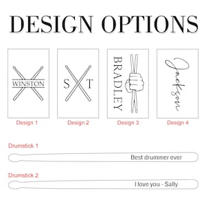 May include: Image showcasing drumstick design options. Designs include crossed drumsticks with names, a hand holding drumsticks, and a name in script. Two drumsticks are shown with text: "Best drummer ever" and "I love you - Sally".