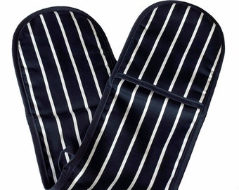 Blue & White Butchers Stripe Double Oven Mitt: Cotton Kitchen Glove