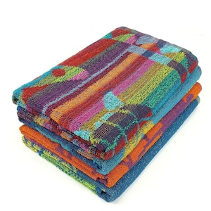 May include: A stack of four colourful beach towels with a striped and floral pattern. The towels are made of soft, absorbent cotton and are perfect for drying off after a swim.