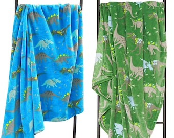 Flannel Fleece Dinosaur Blanket - Green & Blue - Super Soft - 100x150cm - Perfect for Kids