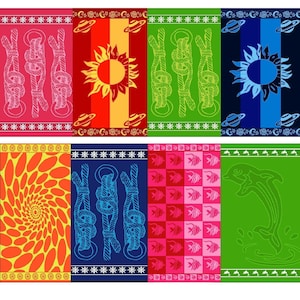 May include: Set of six colourful beach towels with various designs. The towels feature a sun, a dolphin, a spiral, a fish, and two different rope patterns.