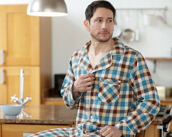Traditional Check Pyjama Set Men's Blue Brushed Warm Thermal Italian Design