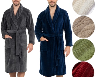 Mens Extra Warm Dressing Gown – Sherpa Lined Ribbed Fleece Bathrobe – Cosy Winter Robe
