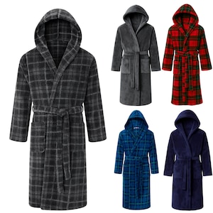 May include: A selection of hooded bathrobes in different colours and patterns. The robes include a grey plaid, solid grey, red plaid, blue plaid, and navy blue. Each robe has a matching belt and pockets.