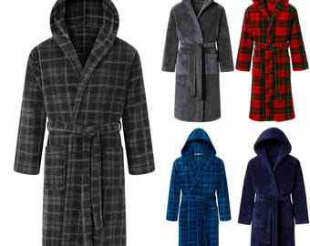 May include: A collection of hooded bathrobes in various colors and patterns. The robes include a gray plaid, solid gray, red plaid, blue plaid, and navy blue. Each robe has a matching belt and pockets.