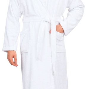 Mens Bathrobe 100% Cotton Terry Towelling Shawl Dressing Gown Bath Robe White