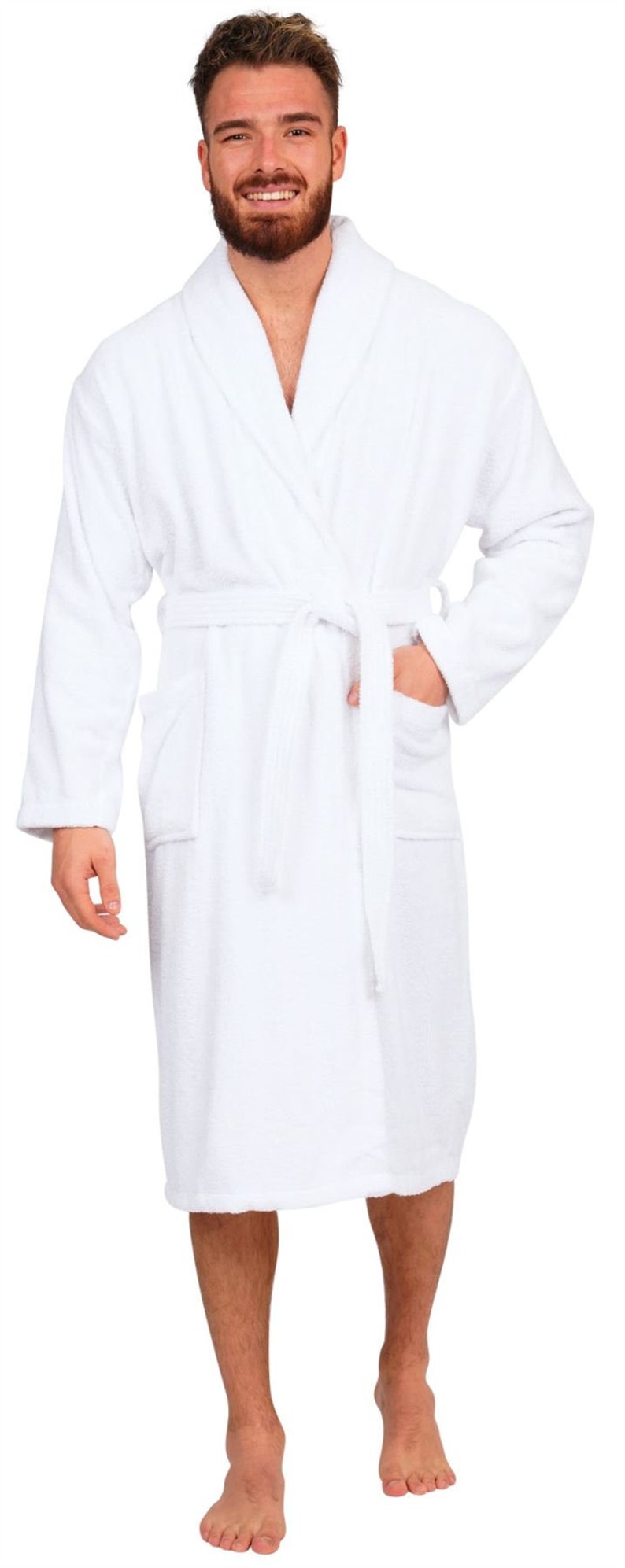 Mens Bathrobe 100% Cotton Terry Towelling Shawl Dressing Gown Bath Robe White