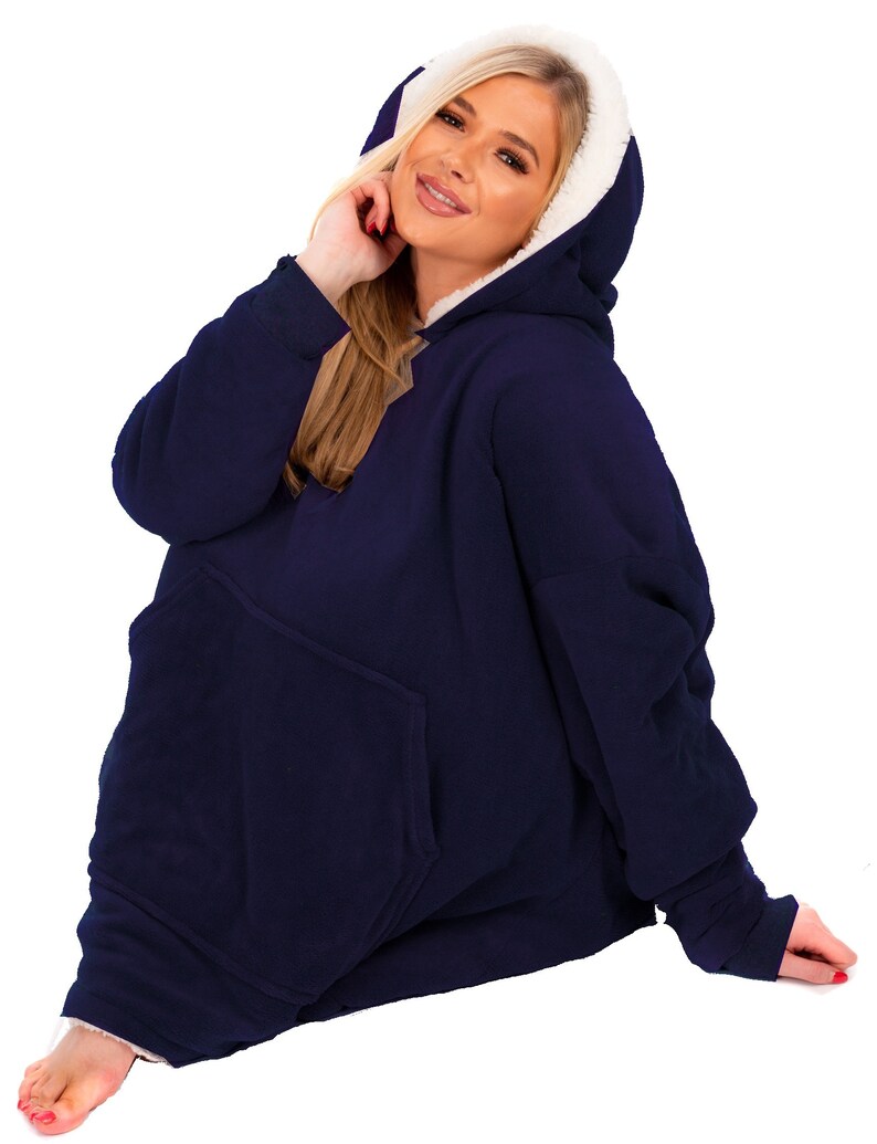 North-Gate Navy Blue Hooded Blanket - Oversized Sherpa Lined Hoodie Blanket