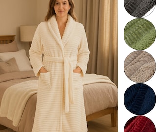 Ladies Extra Warm Dressing Gown – Luxurious Ribbed Fleece Bathrobe with Cosy Sherpa Lining