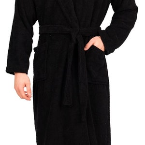 Mens Bathrobe 100% Cotton Terry Towelling Shawl Dressing Gown Bath Robe Black