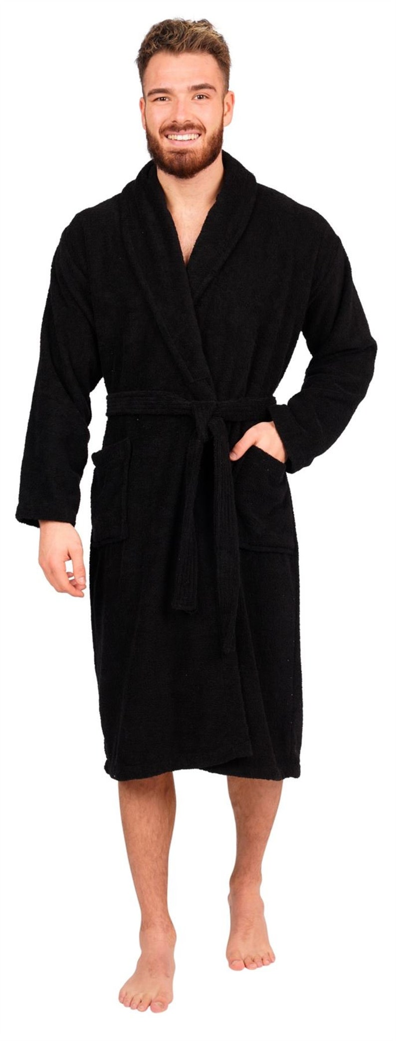 Mens Bathrobe 100% Cotton Terry Towelling Shawl Dressing Gown Bath Robe Black