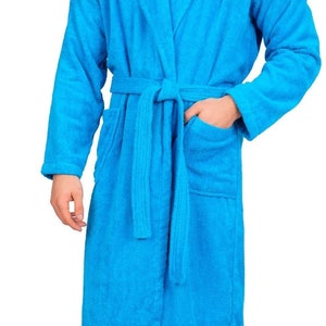 Mens Bathrobe 100% Cotton Terry Towelling Shawl Dressing Gown Bath Robe Aqua