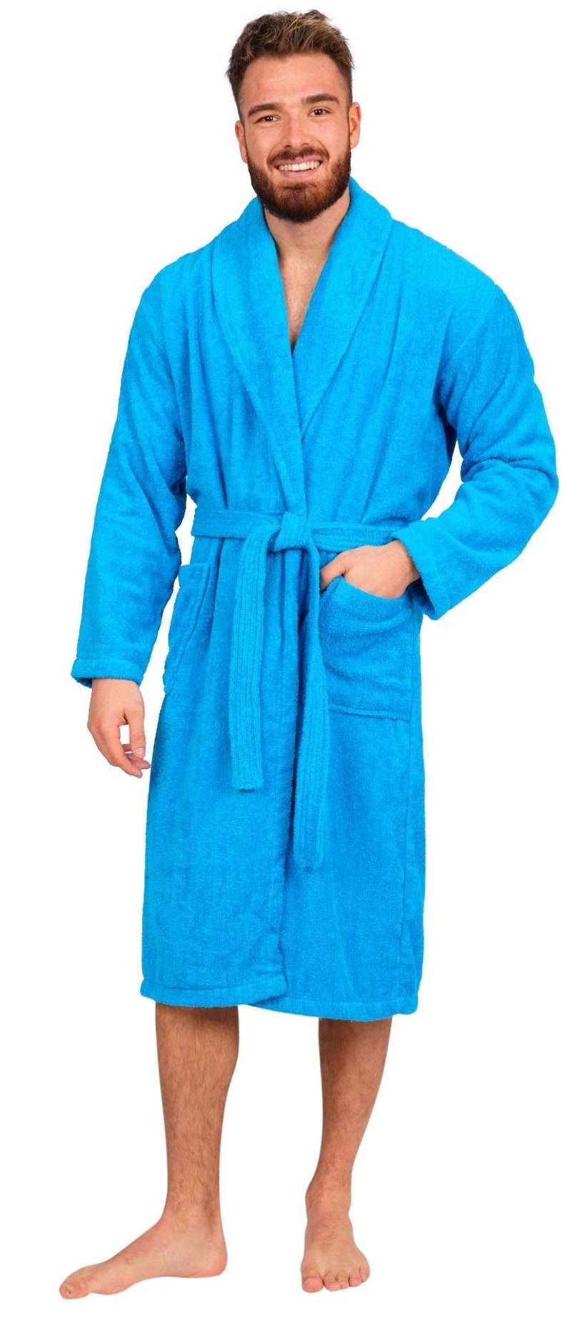 Mens Bathrobe 100% Cotton Terry Towelling Shawl Dressing Gown Bath Robe Aqua