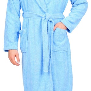 Mens Bathrobe 100% Cotton Terry Towelling Shawl Dressing Gown Bath Robe Light Blue