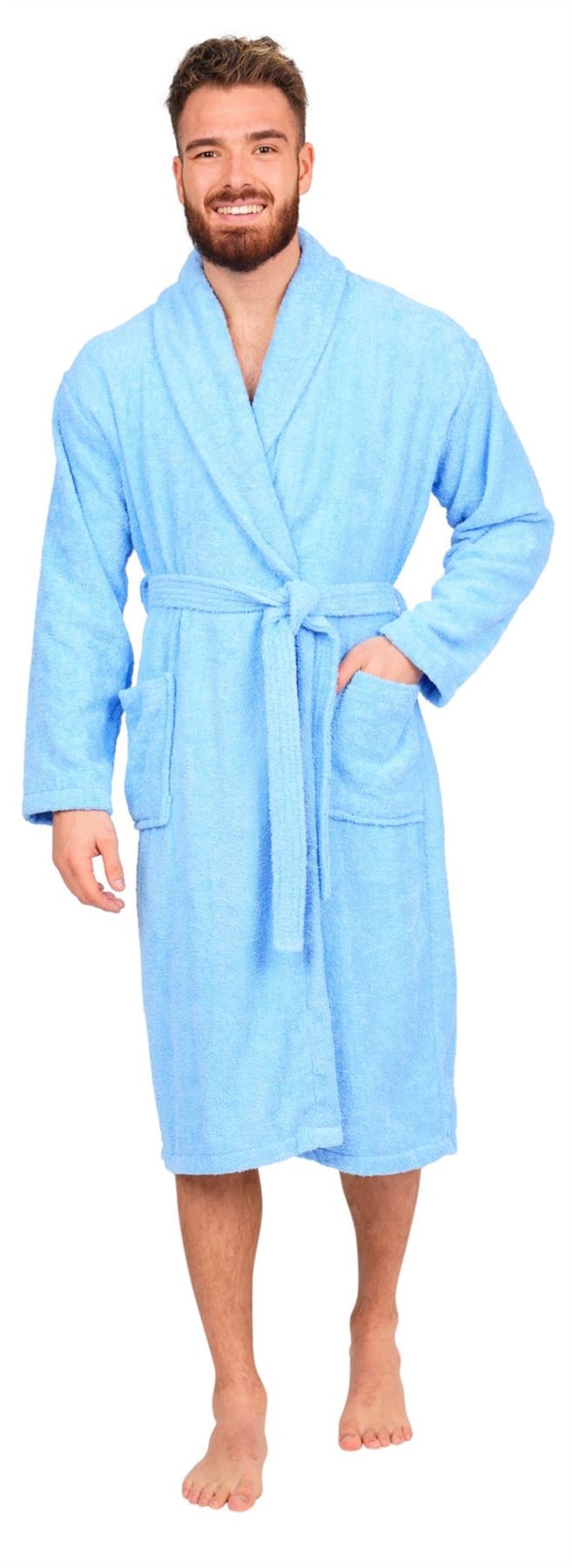 Mens Bathrobe 100% Cotton Terry Towelling Shawl Dressing Gown Bath Robe Light Blue