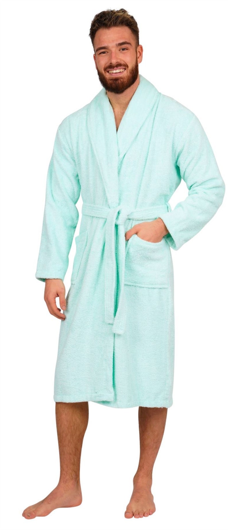 Mens Bathrobe 100% Cotton Terry Towelling Shawl Dressing Gown Bath Robe Duck Egg