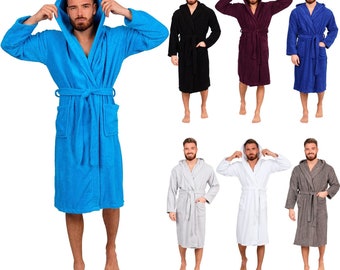 Mens 100% Cotton Hooded Bathrobe Terry Shawl Collar Bath Robe Dressing Gown