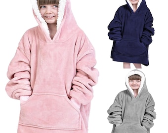 May include: Three hooded blankets in pink, navy blue, and gray. Each blanket has a large pocket on the front and a white faux fur lining around the hood.