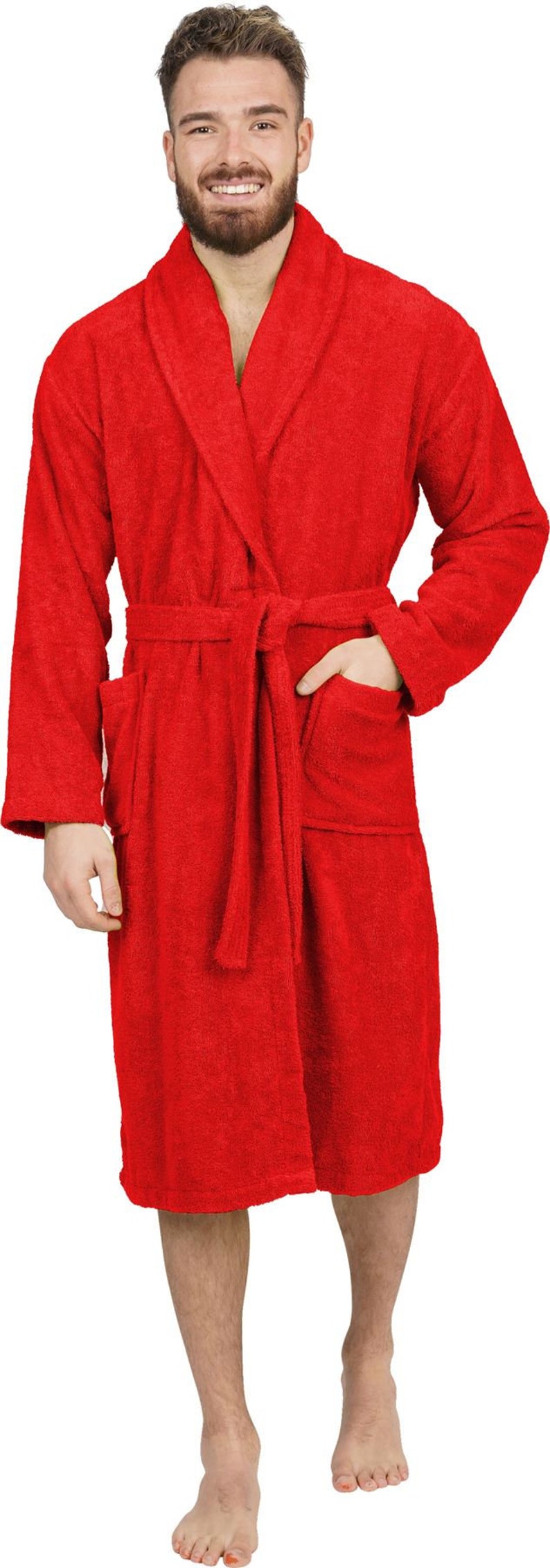 Mens Bathrobe 100% Cotton Terry Towelling Shawl Dressing Gown Bath Robe Red