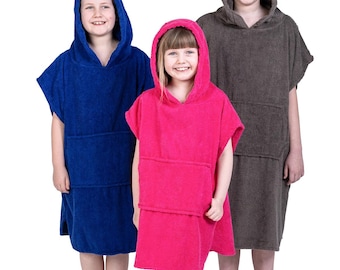 Kids Hooded 100% Cotton Changing Robe with Pocket Beach Terry Towelling Poncho Towel Swimming Childrens