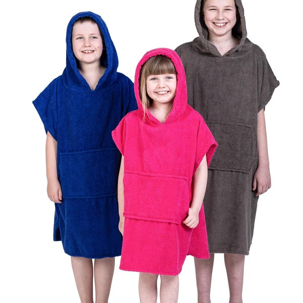 Kids Hooded 100% Cotton Changing Robe with Pocket Beach Terry Towelling Poncho Towel Swimming Childrens