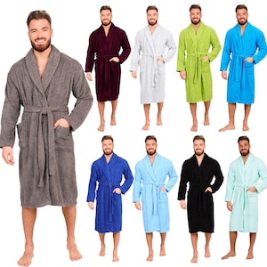 May include: A collection of ten bathrobes in various colours, including grey, burgundy, white, green, blue, light blue, black, and light green. The robes have a shawl collar and a tie belt.